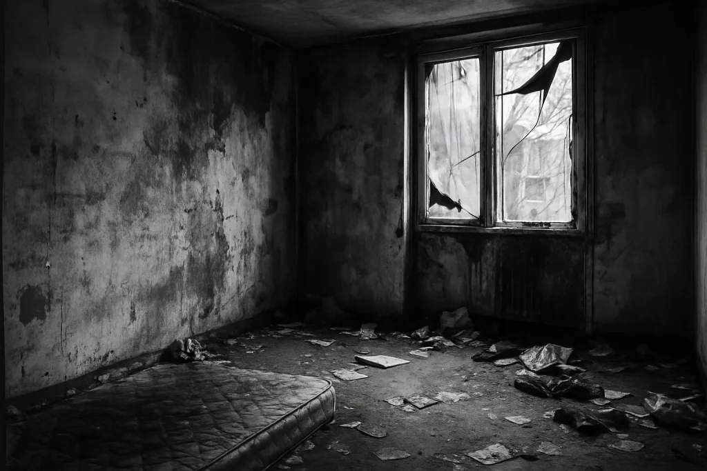 Appartement à Sevran avec des dégradations visibles après un squat, lumière du jour.