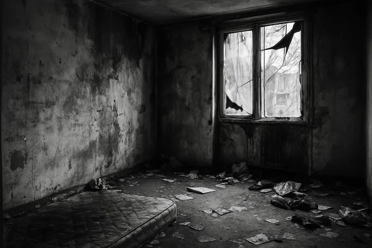 Appartement à Sevran avec des dégradations visibles après un squat, lumière du jour.