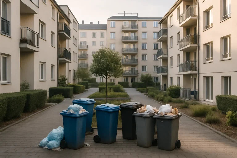 Cour intérieure de copropriété avec bacs à déchets débordants sous une lumière matinale douce.