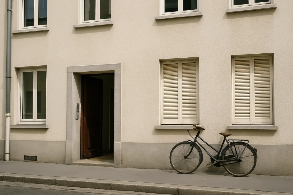 Façade d'un immeuble à Saint-Denis avec une porte entrouverte et un vélo.