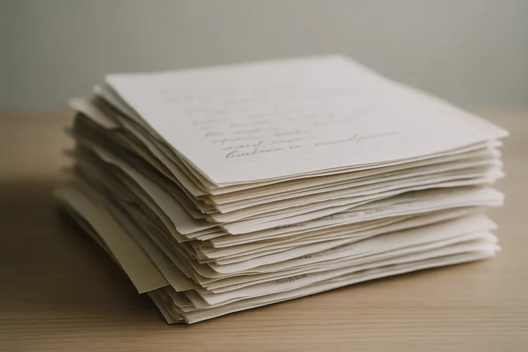 Pile de papiers mélangés sur une table, lumière naturelle douce, inscriptions visibles.